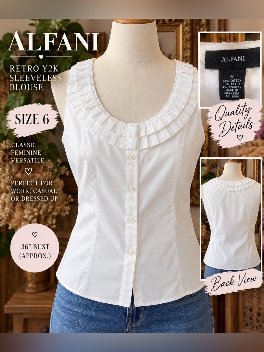 Alfani - retro Y2K -Off white Sleeveless Pleated Collar Button-Front Top